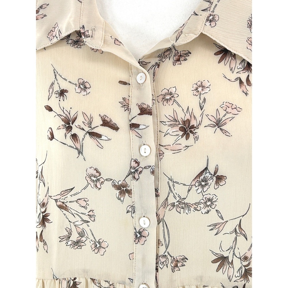 See And Be Seen Womens Cream Floral Long Sleeve Button Front Babydoll Top Size M - Picture 3 of 12